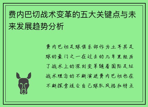 费内巴切战术变革的五大关键点与未来发展趋势分析