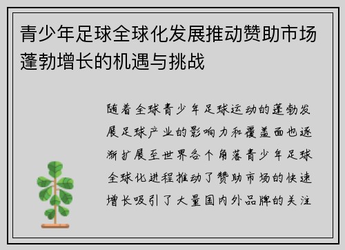 青少年足球全球化发展推动赞助市场蓬勃增长的机遇与挑战