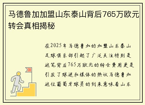 马德鲁加加盟山东泰山背后765万欧元转会真相揭秘