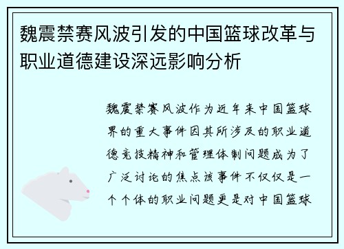 魏震禁赛风波引发的中国篮球改革与职业道德建设深远影响分析