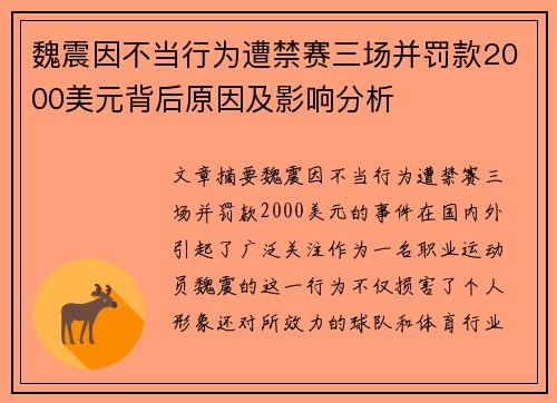 魏震因不当行为遭禁赛三场并罚款2000美元背后原因及影响分析